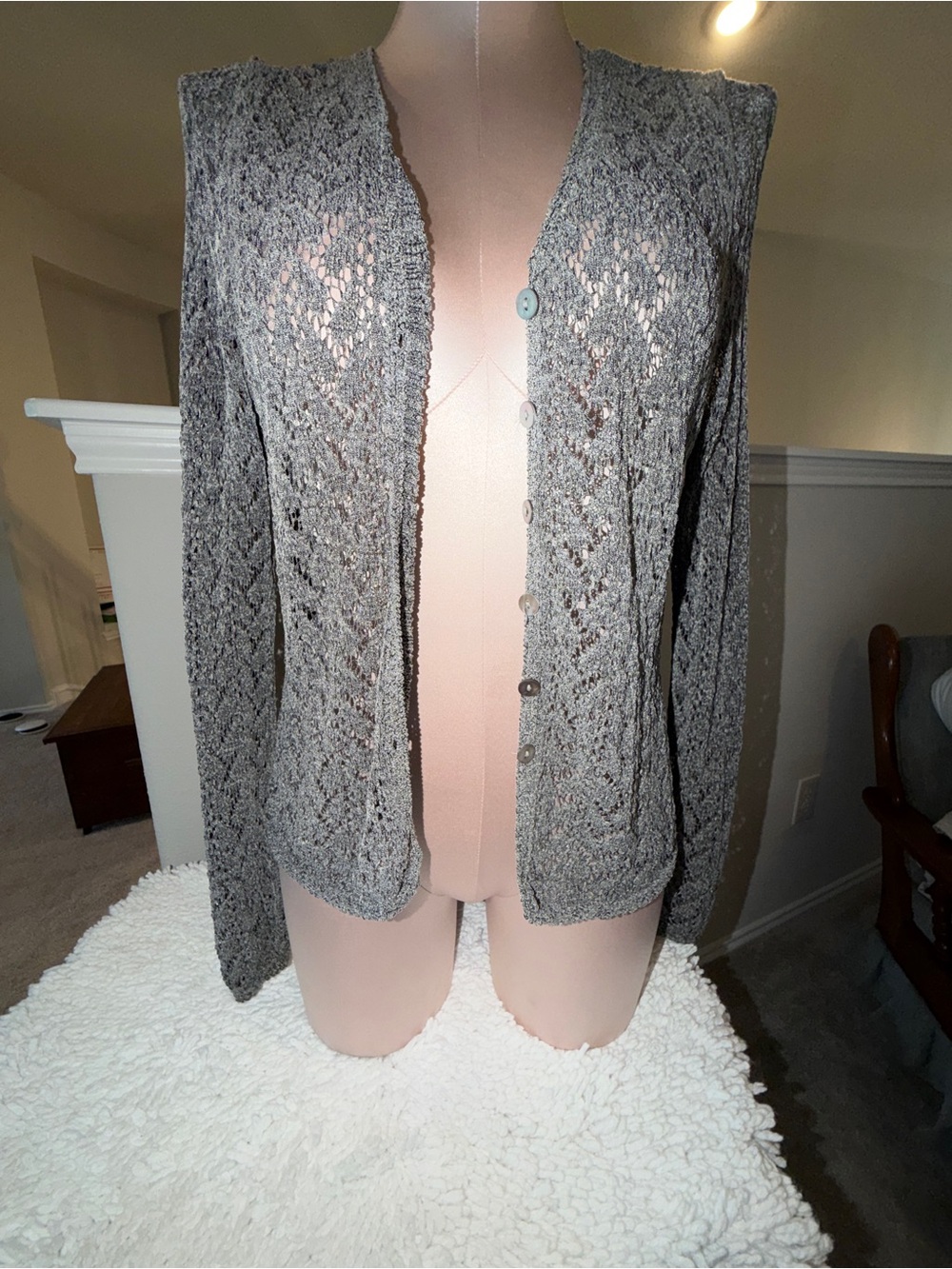 Apostrophe Gray Openwork Knit Button-Up Cardigan